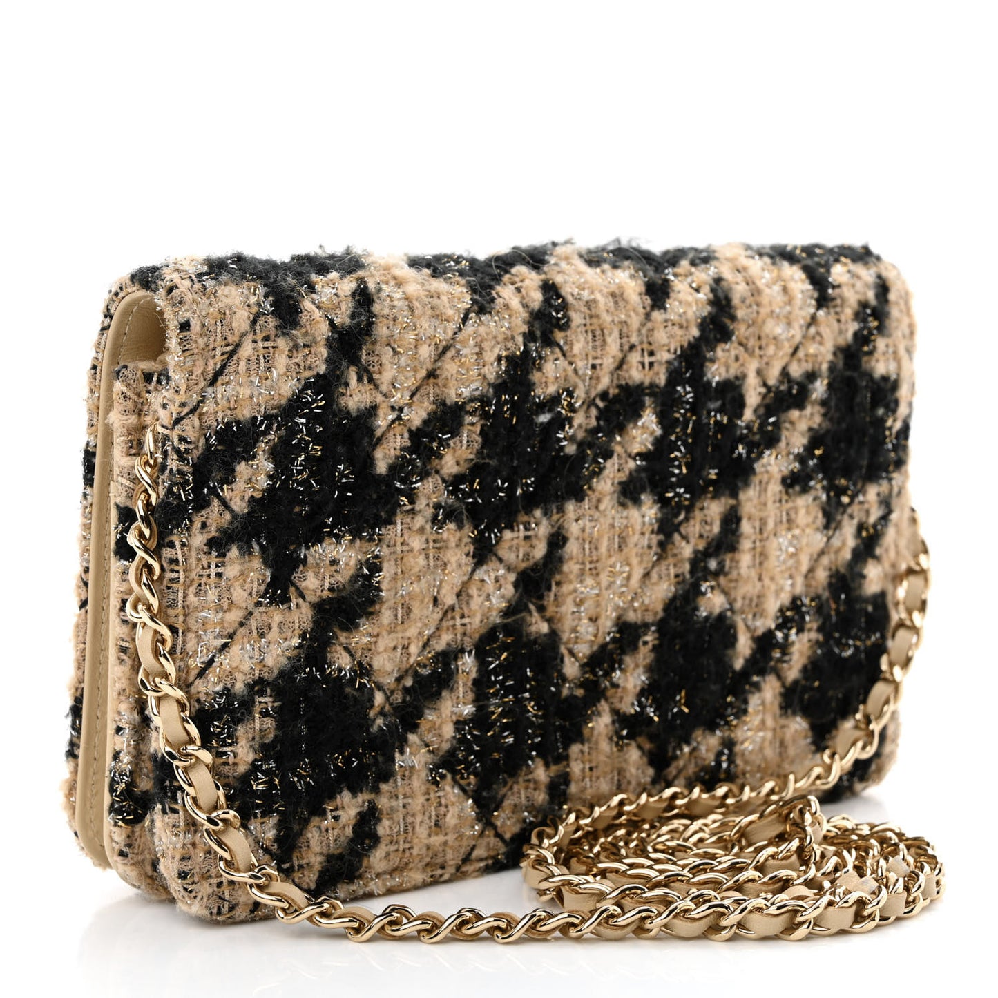 Tweed Shearling Quilted Chanel Wallet On Chain WOC and Coin Purse Beige Black