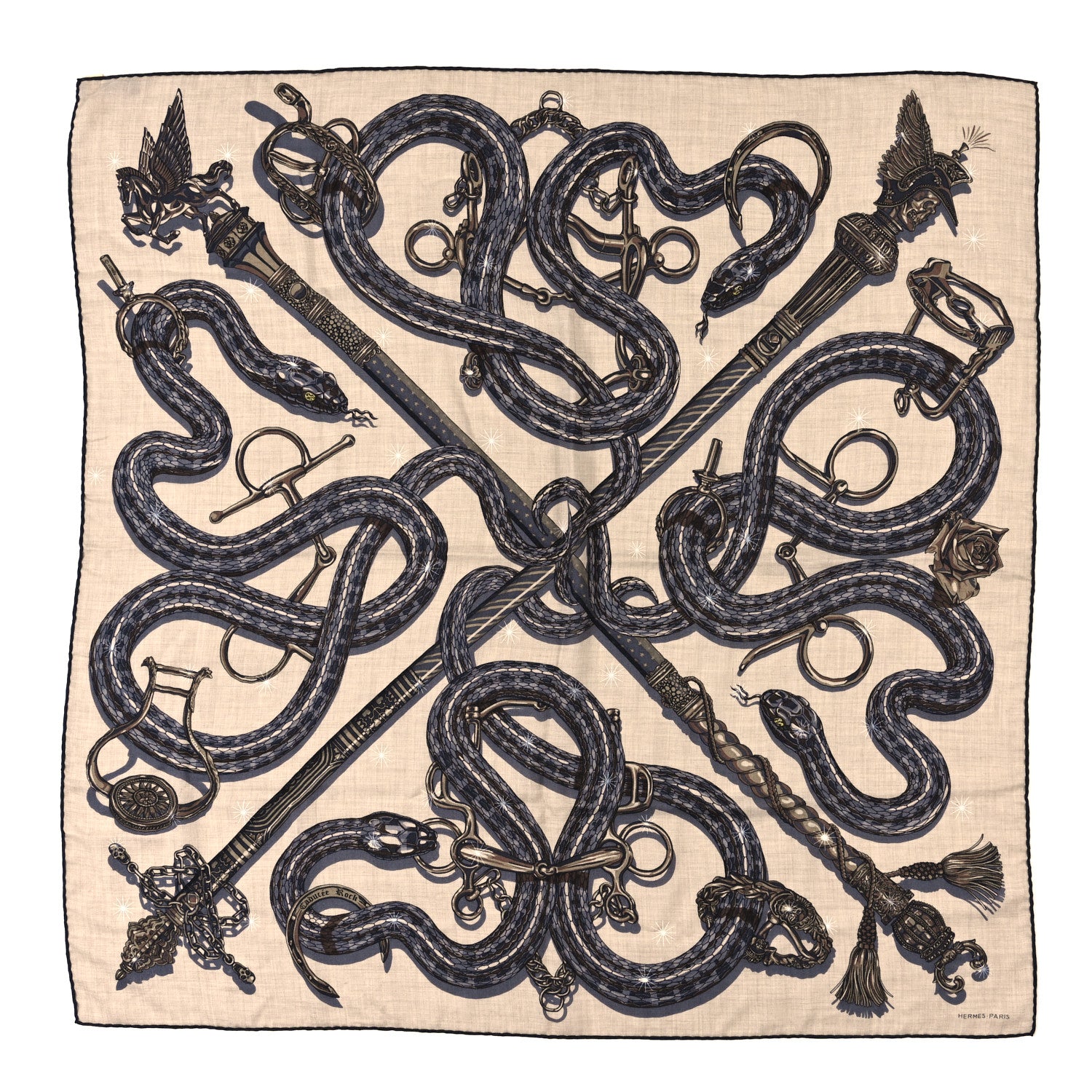 Hermes Cashmere Silk Caducee Rock Scarf 100 Naturel Gris Taupe 1 of 3
