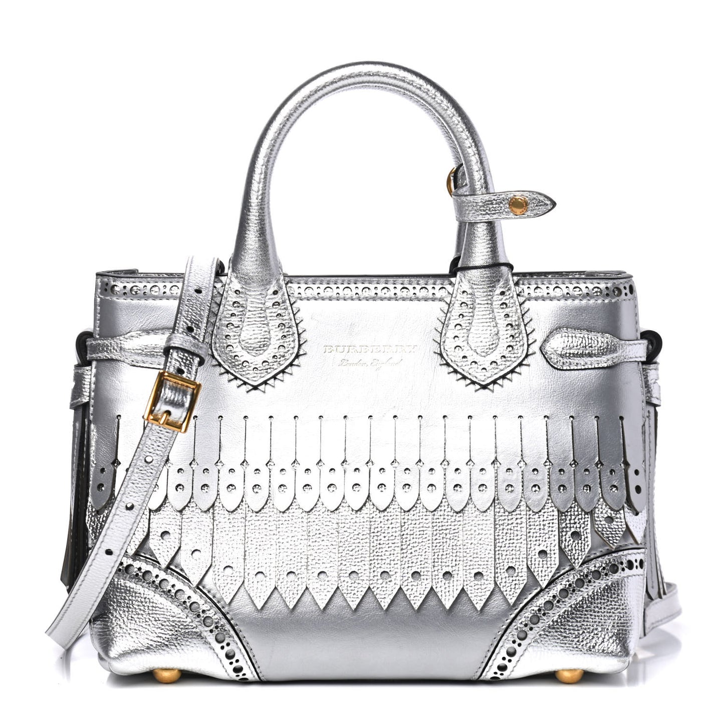 Metallic Calfskin Broguing Small Banner Tote Silver