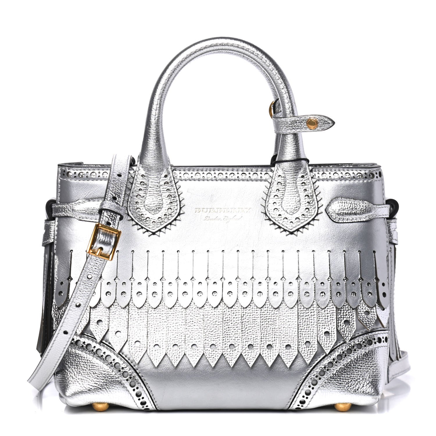 Burberry Metallic Calfskin Broguing Small Banner Tote Silver 1 of 4