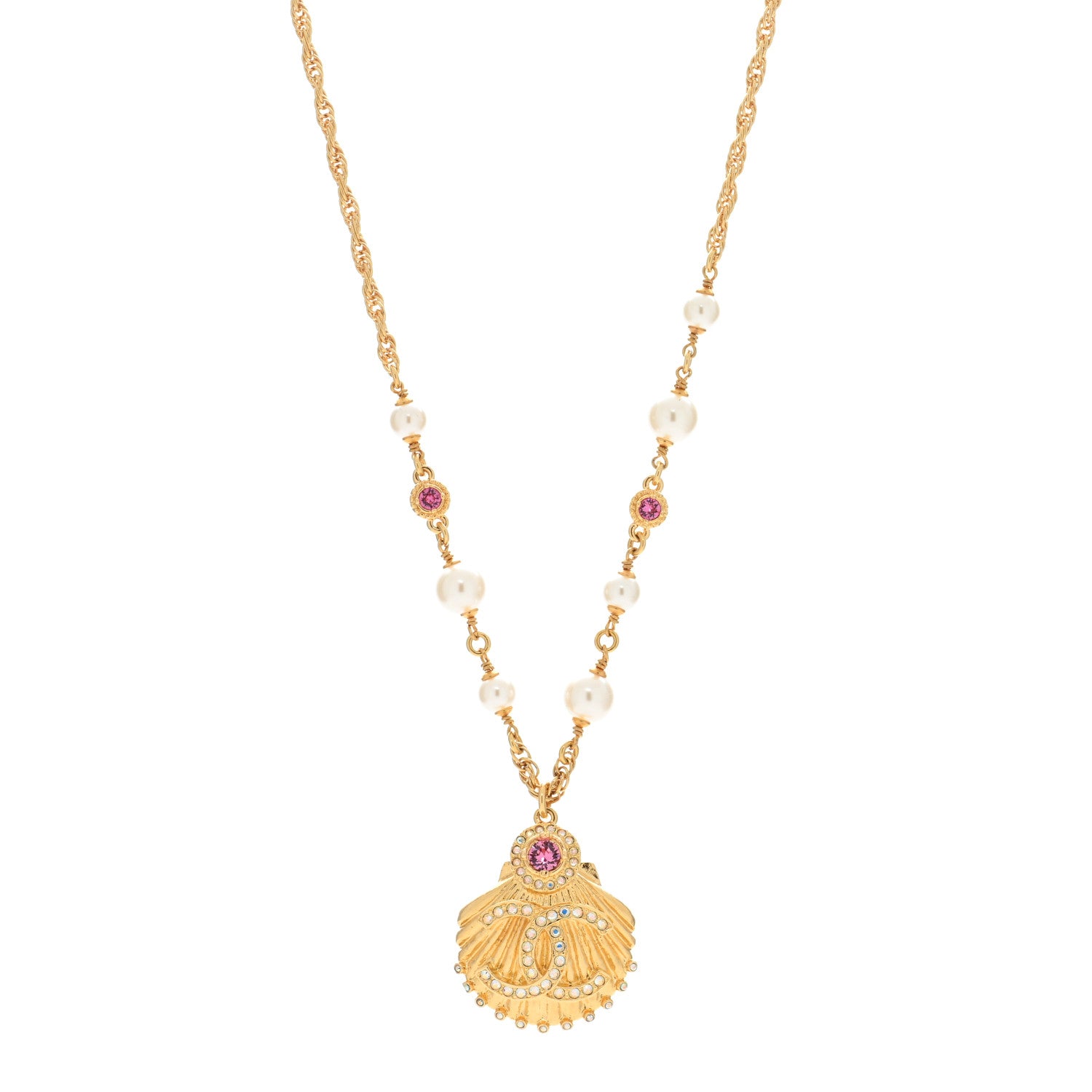 Chanel Metal Pearl Crystal CC Shell Necklace Gold Pink Multicolor 1 of 5