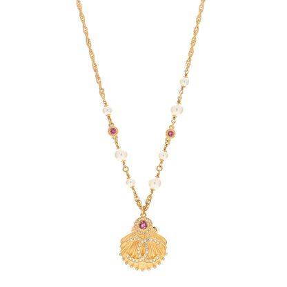 Chanel Metal Pearl Crystal CC Shell Necklace Gold Pink Multicolor 1 of 5