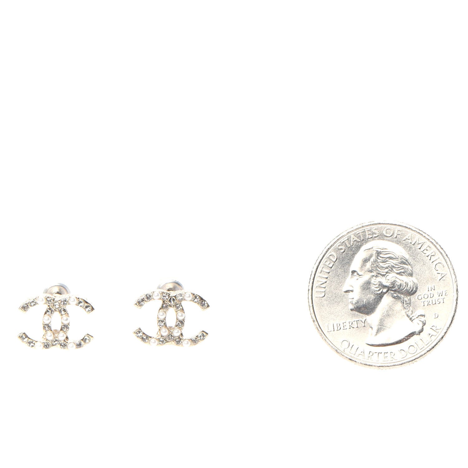 Chanel Pearl Crystal CC Charms Stud Earrings Light Gold 2 of 4