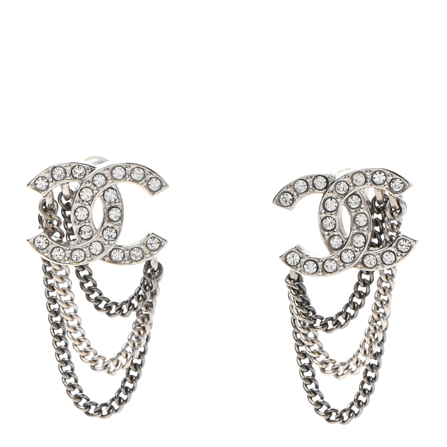 Crystal Chain CC Earrings Silver