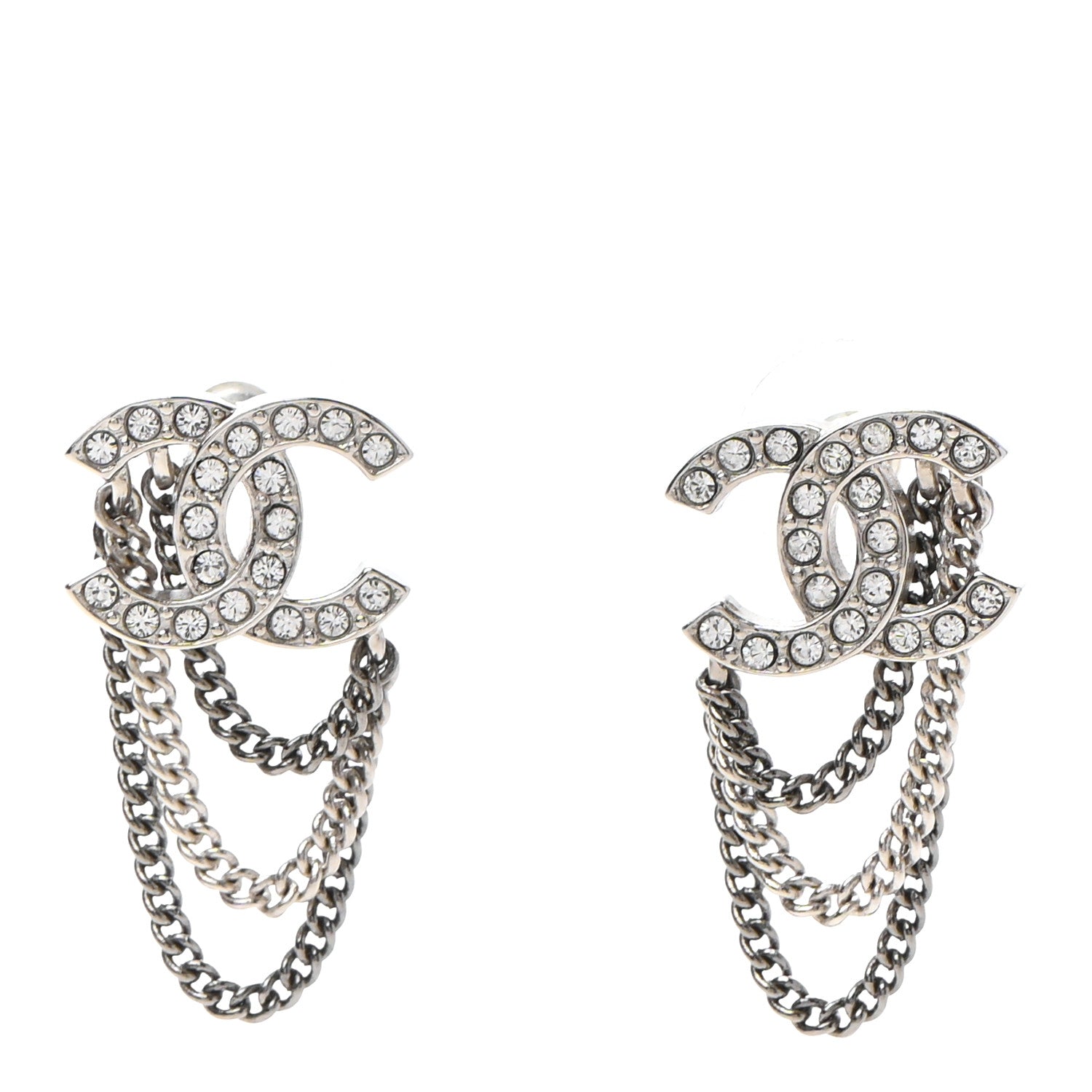 Chanel Crystal Chain CC Earrings Silver 1 of 4