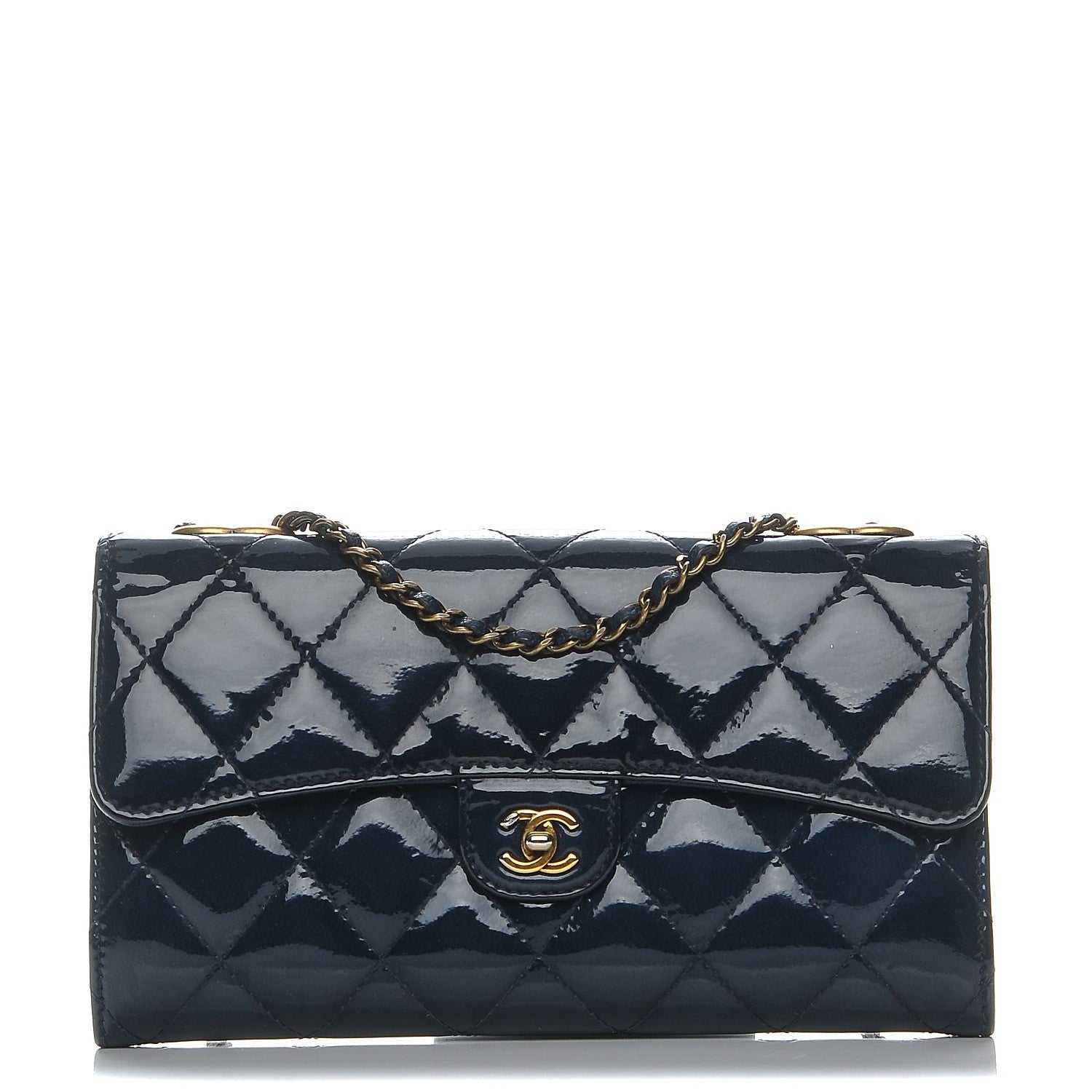 Chanel Patent Goatskin Quilted Small CC Eyelet Wallet On Chain WOC Blue 1 of 9