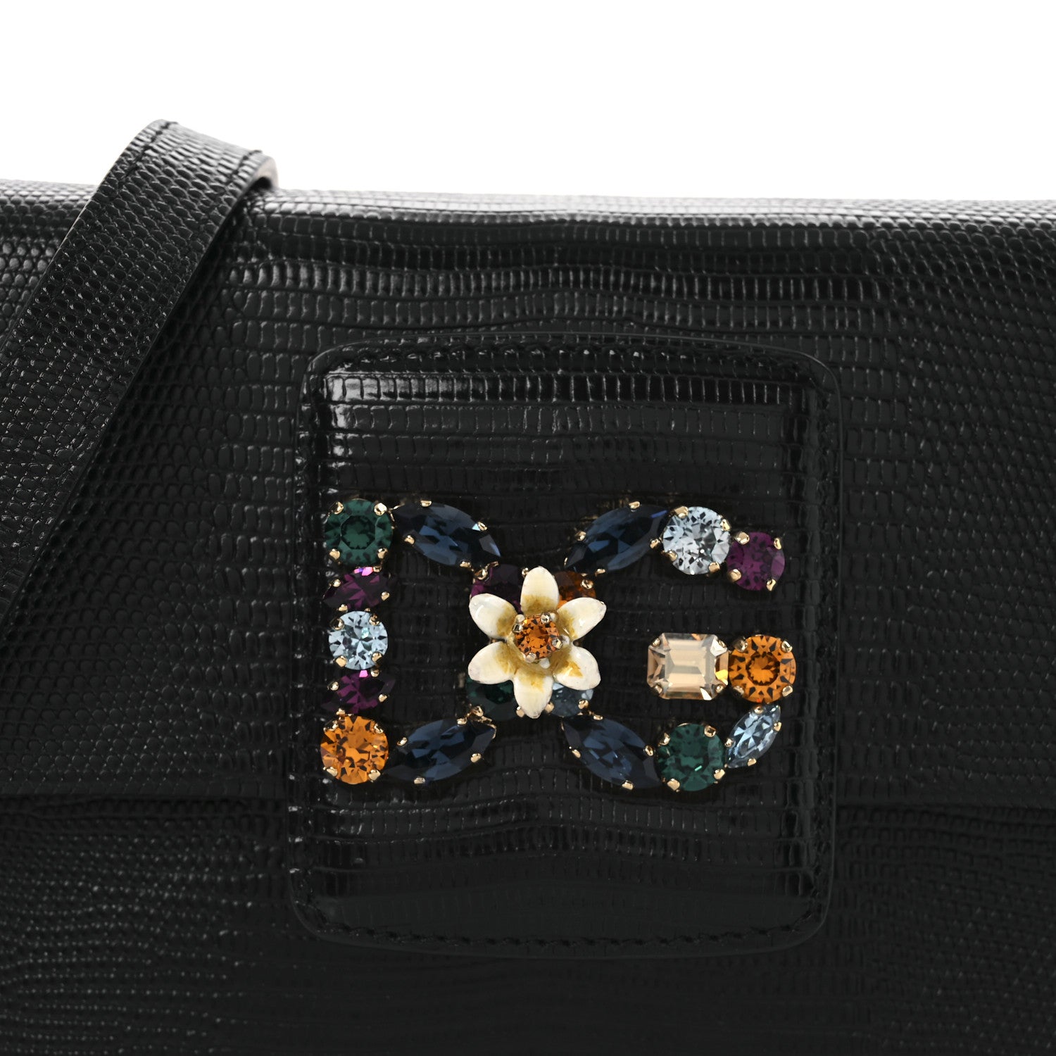 Dolce & Gabbana Lizard Embossed Crystal Embellished DG Millennials Mini Crossbody Bag Black 7 of 10