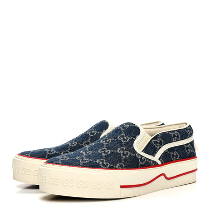 Gucci New Denim GG Monogram Womens 1977 Tennis Slip On 30mm Sneakers 37.5 Blue Tea Mystic White 3 of 9