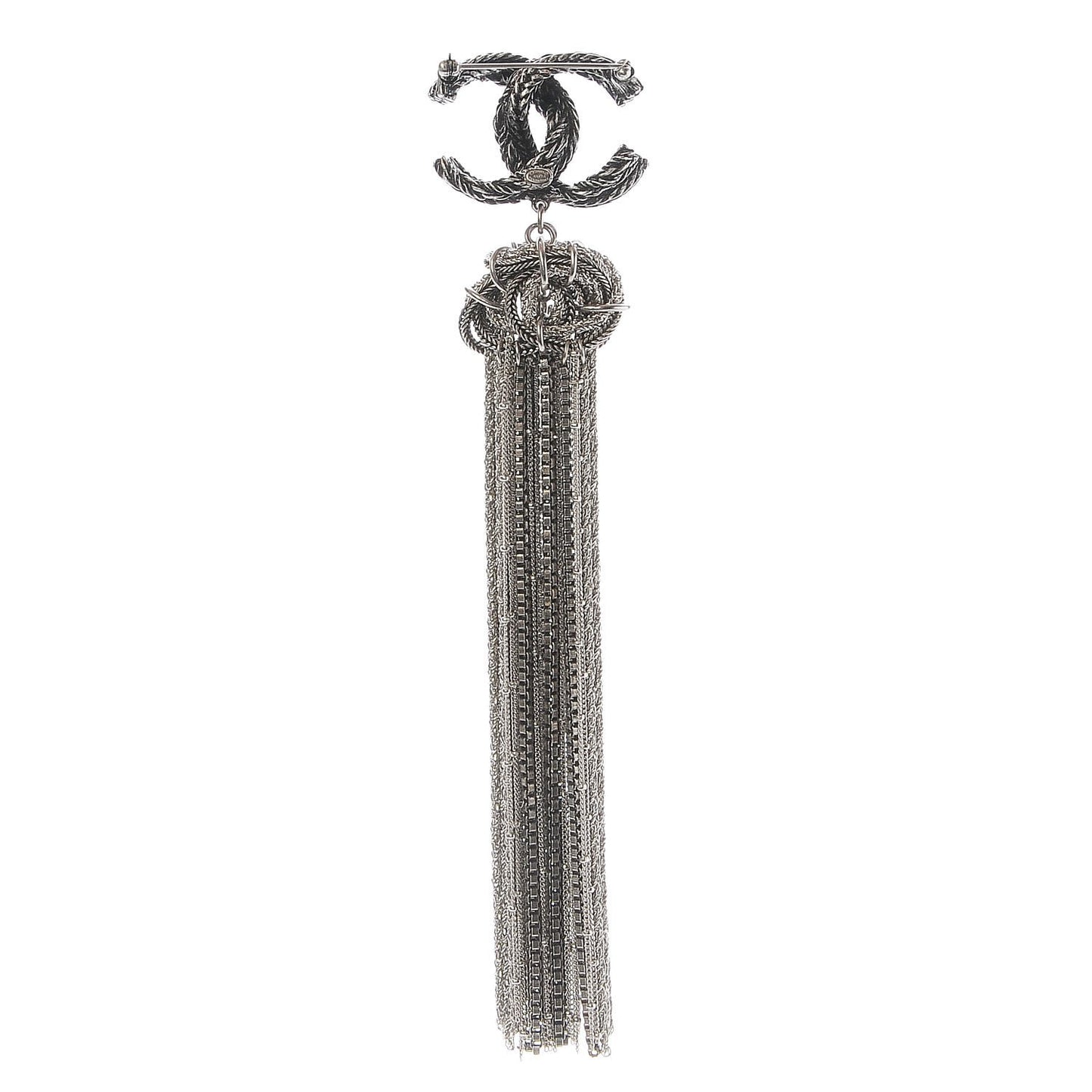 Crystal Chain Fringe CC Brooch Silver