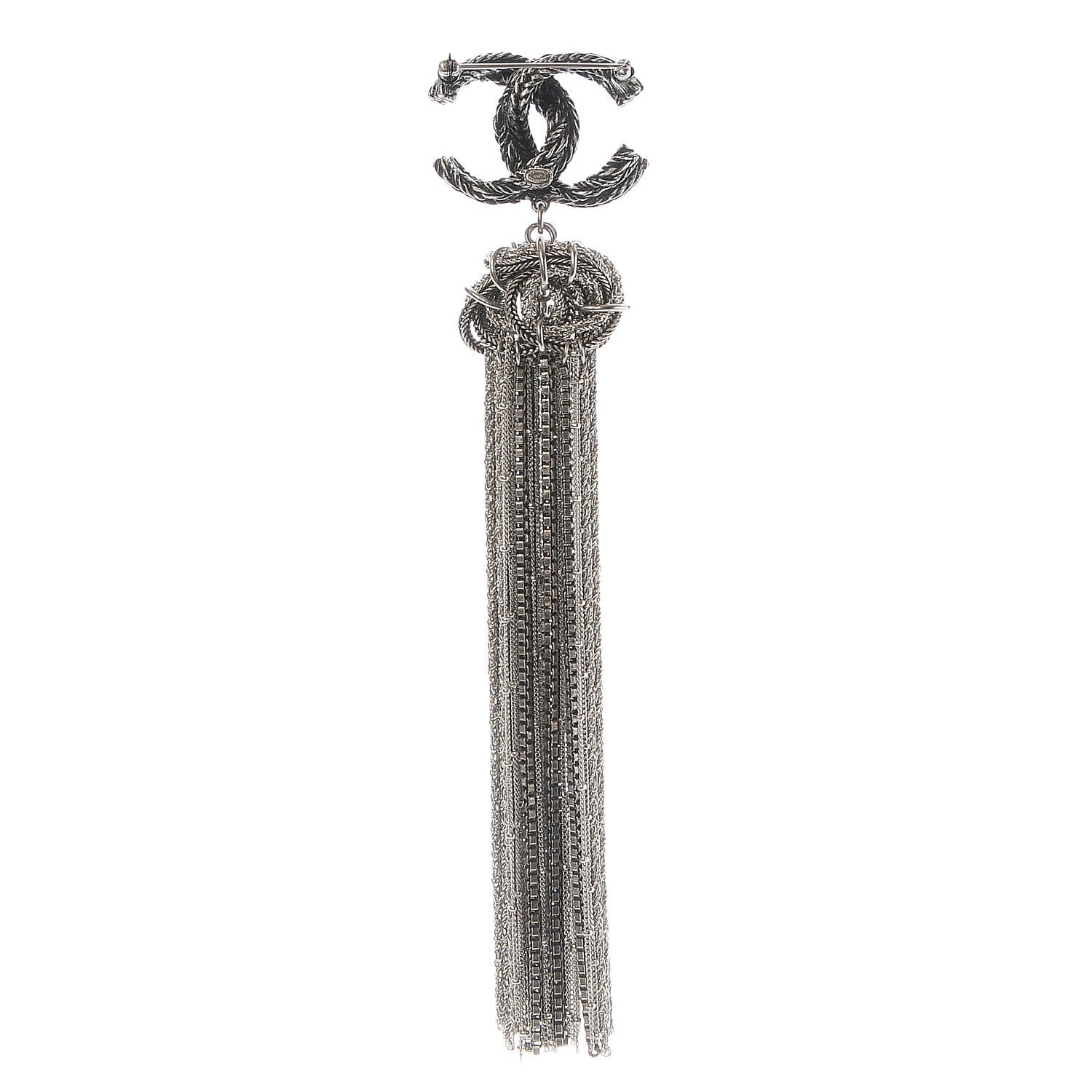 Chanel Crystal Chain Fringe CC Brooch Silver 3 of 5