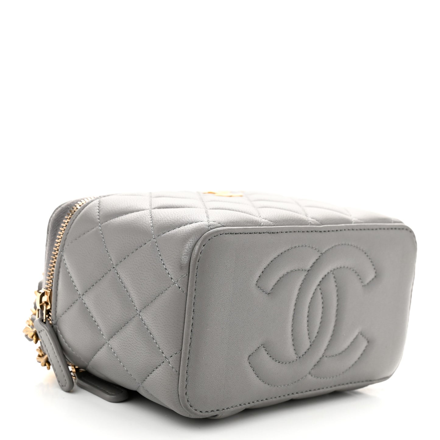 Lambskin Quilted Metal Small Top Handle Vanity Case With Chain Grey