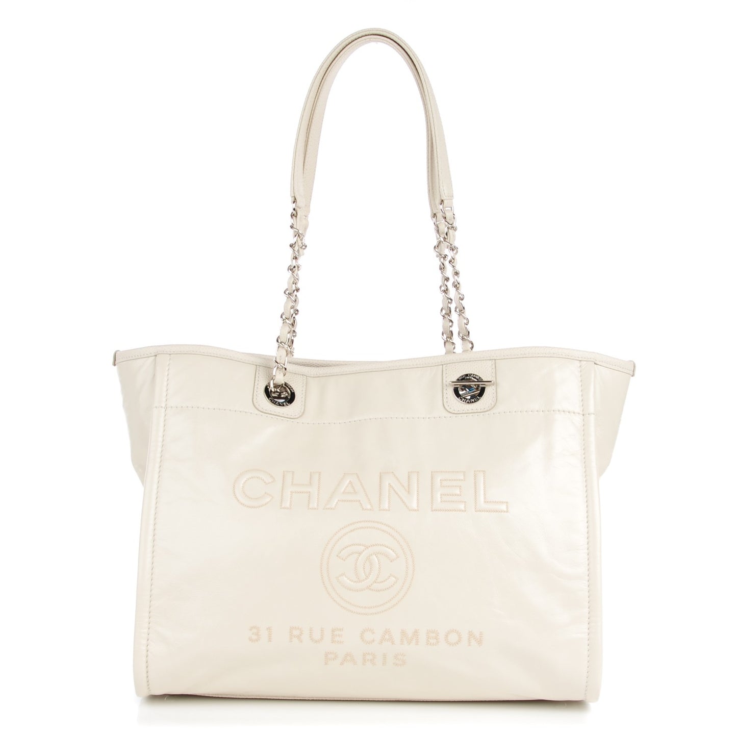 Glazed Calfskin Small Deauville Tote Ivory