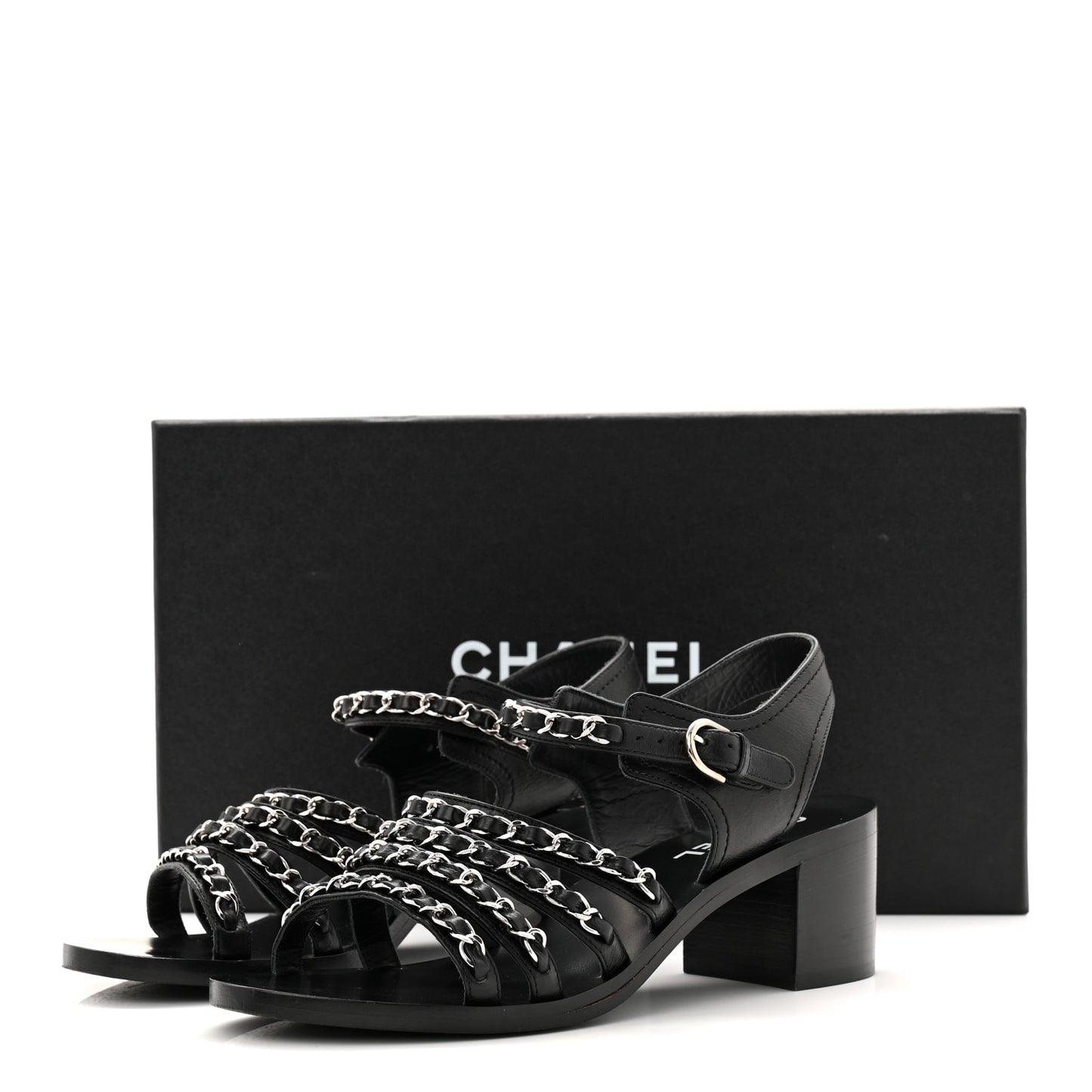 Calfskin Chain Sandals 37 Black