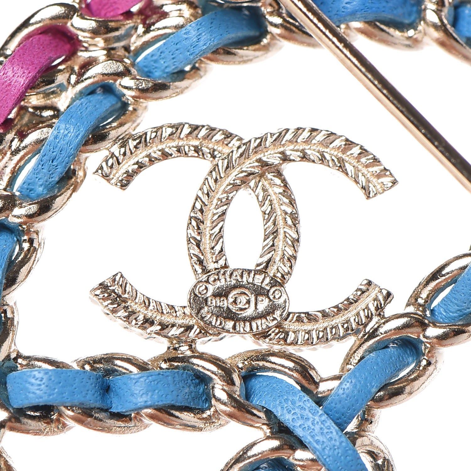 Chanel Metal Calfskin Chain Peace Sign CC Brooch Blue Purple Gold 4 of 5