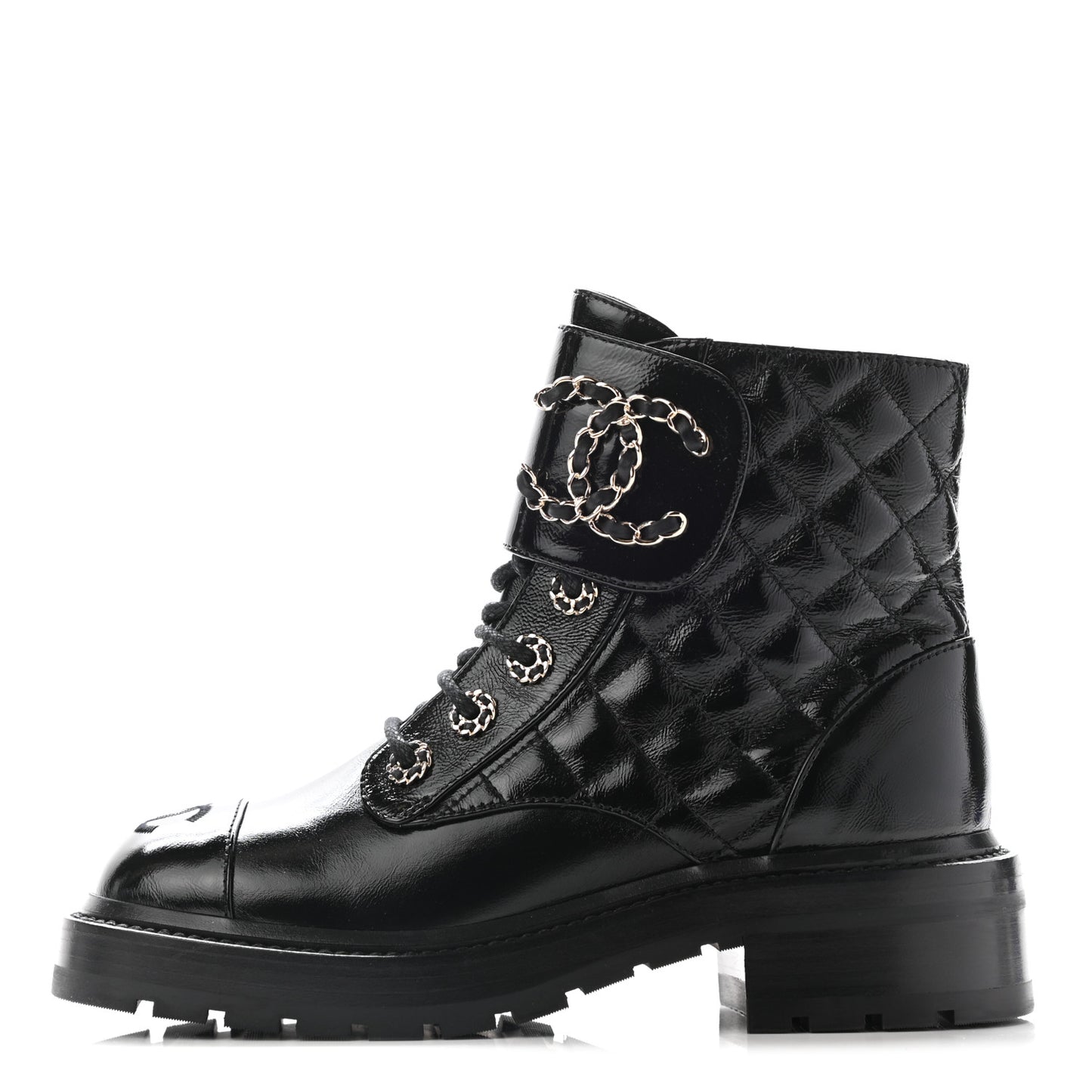 Shiny Lambskin Quilted Lace Up Combat Boots 35 Black
