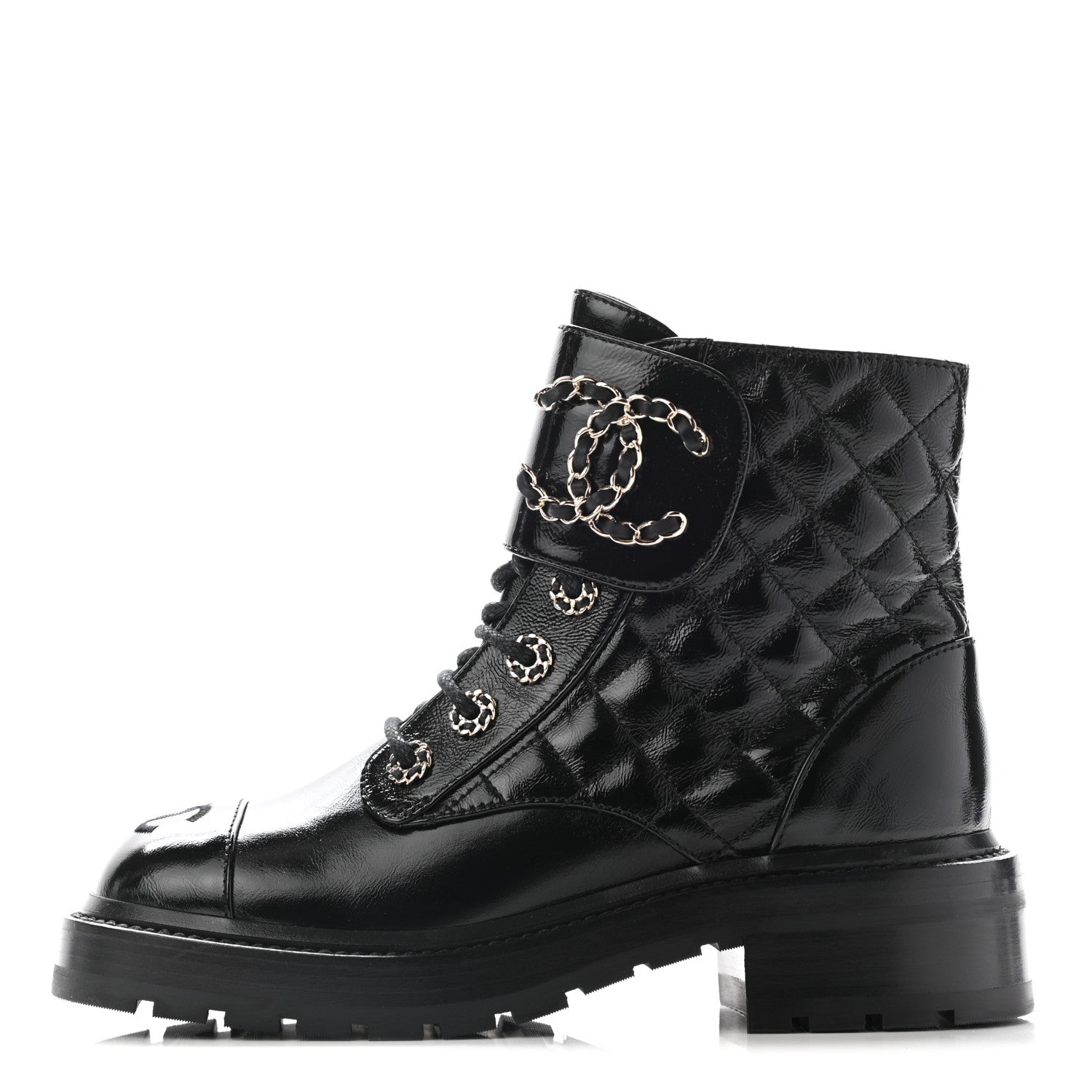 Chanel Shiny Lambskin Quilted Lace Up Combat Boots 35 Black 1 of 12