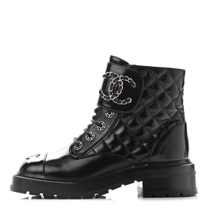 Chanel Shiny Lambskin Quilted Lace Up Combat Boots 35 Black 1 of 12