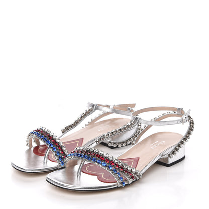 Gucci Nappa Silk Crystal Bertie T-Strap Low Heel Sandals 35.5 Argento 3 of 8