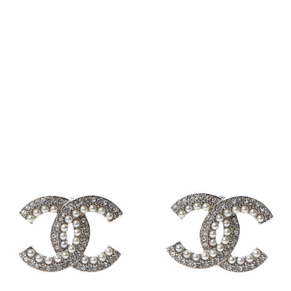 Chanel Pearl Crystal CC Snow Palace Earrings Silver 1 of 5
