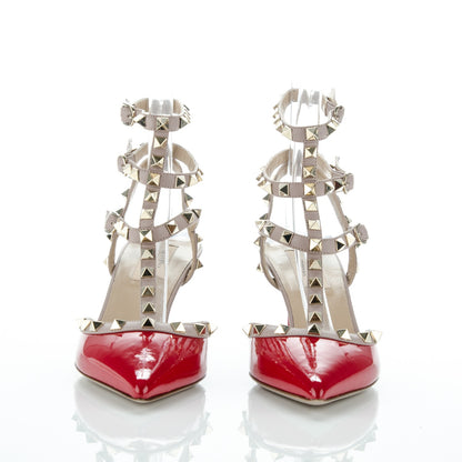 Valentino Garavani Patent Rockstud Ankle Strap Low Heel Pumps 38 Red Poudre 2 of 6