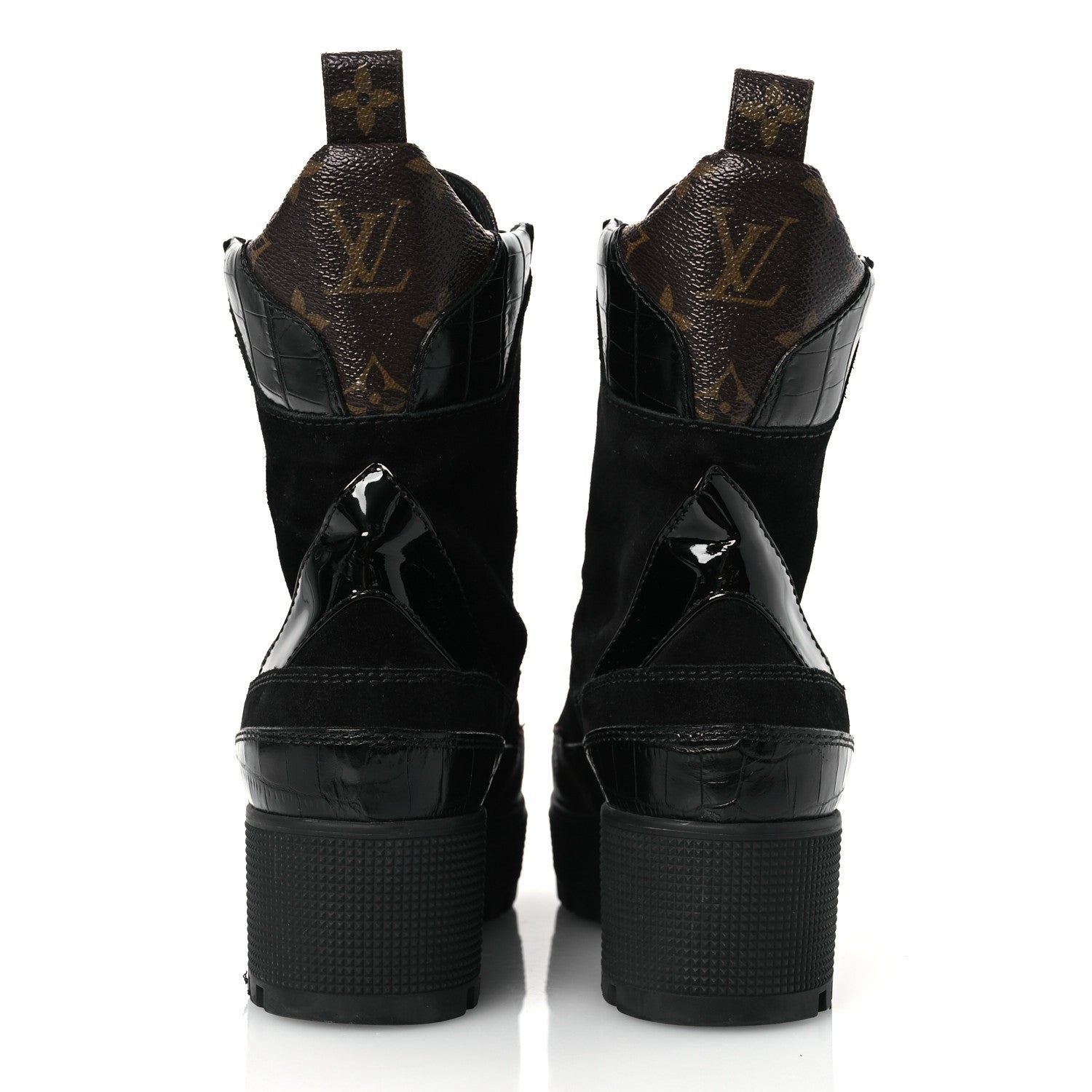 Louis Vuitton Suede Calfskin Crocodile Embossed Patent Monogram Laureate Platform Desert Boots 37 Black 6 of 12