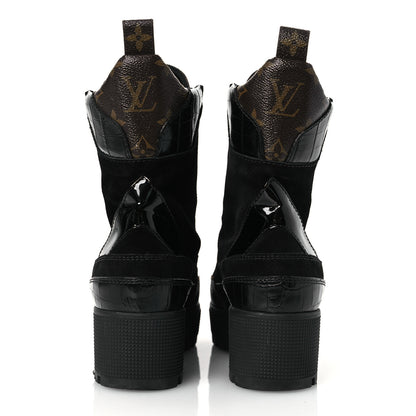 Louis Vuitton Suede Calfskin Crocodile Embossed Patent Monogram Laureate Platform Desert Boots 37 Black 6 of 12