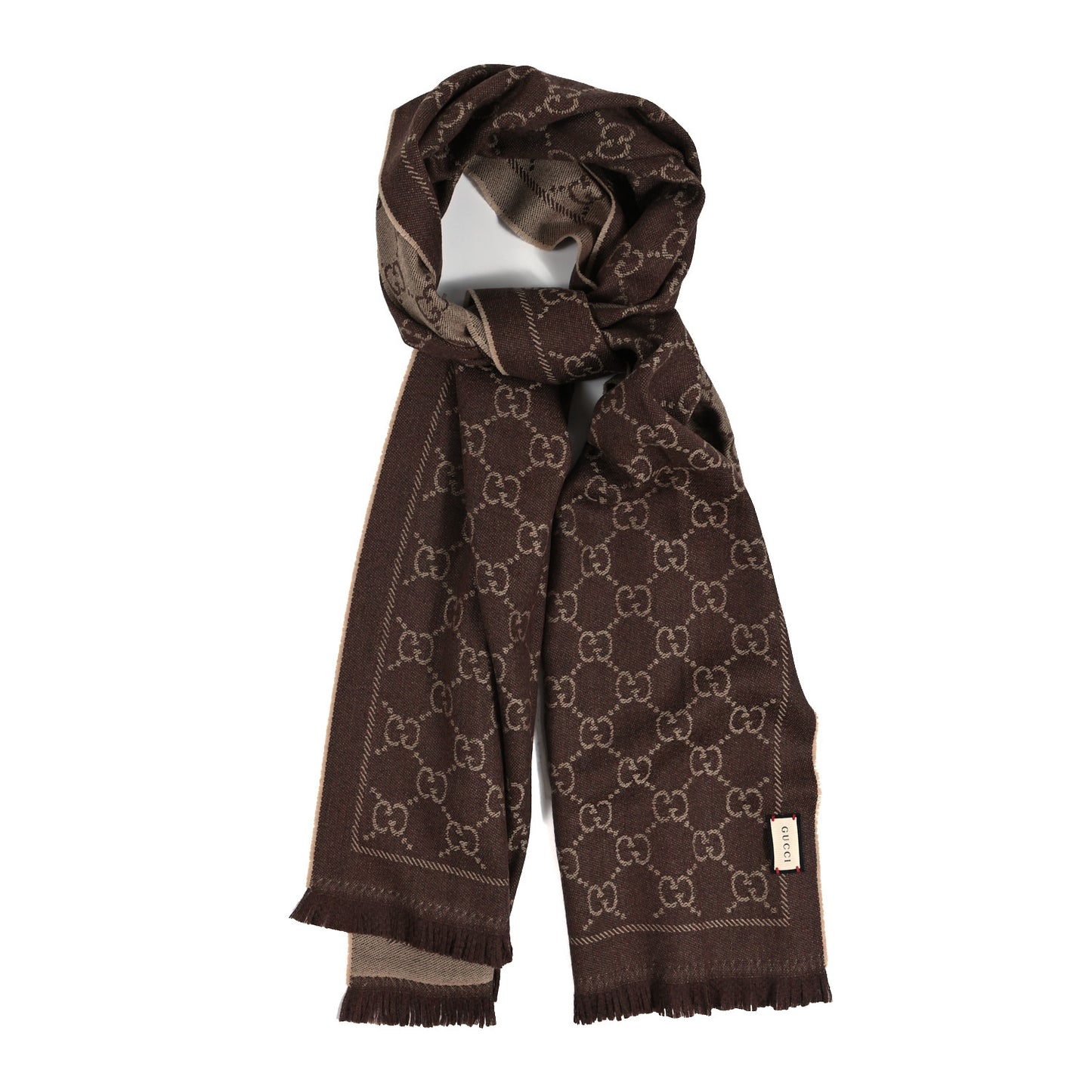 Wool Jacquard GG Monogram Sten Fringe Scarf Light Brown Dark Brown