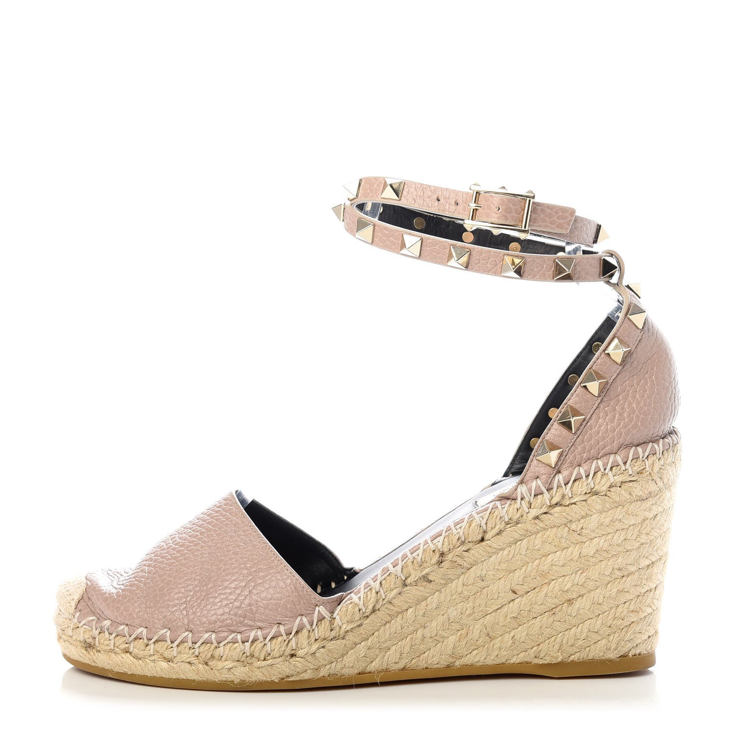 Grained Calfskin Rockstud Ankle Wrap Espadrille 15/85mm Wedges 38 Poudre Natural