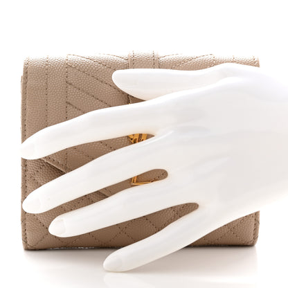 Saint Laurent Grain De Poudre Mixed Matelasse Triquilt Monogram Compact Tri Fold Wallet Dark Beige 2 of 11