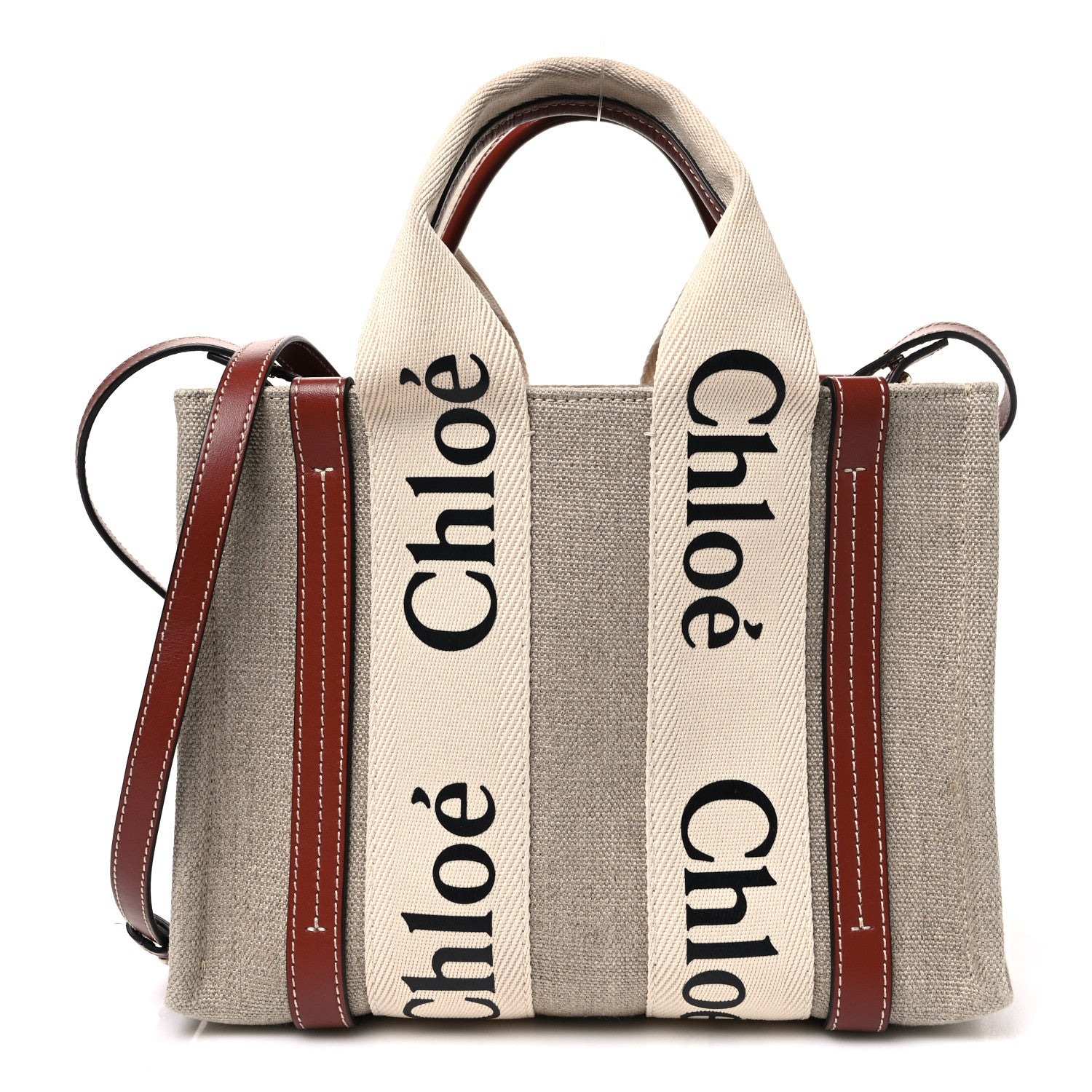 Chloe Cotton Calfskin Small Woody Ribbon Tote With Strap White Brown 1 of 10