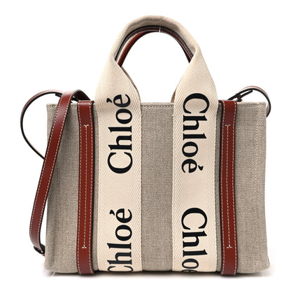 Chloe Cotton Calfskin Small Woody Ribbon Tote With Strap White Brown 1 of 10