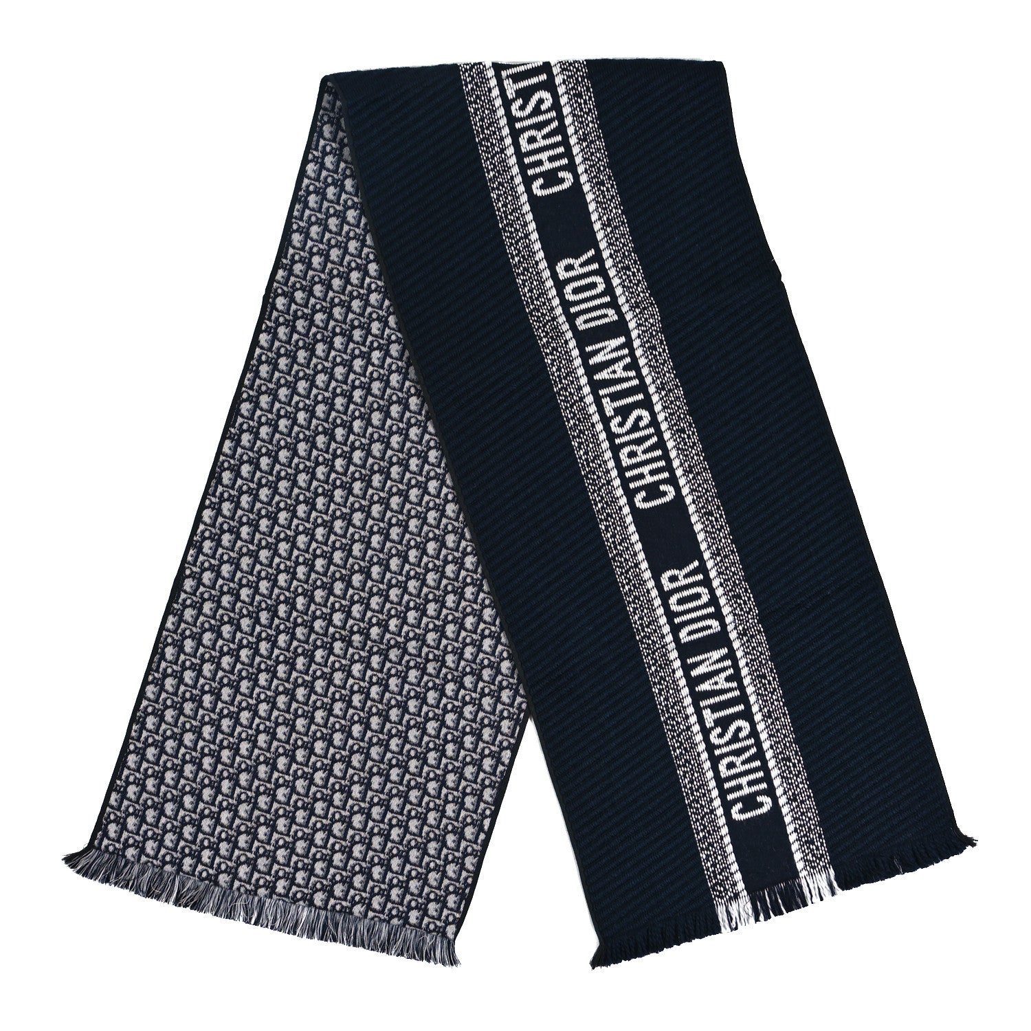 Christian Dior Wool Silk Oblique University Reversible Scarf Navy Blue 2 of 3