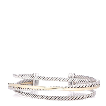 David Yurman Sterling Silver 18K Yellow Gold Crossover Three Row Cuff Bracelet 1 of 5