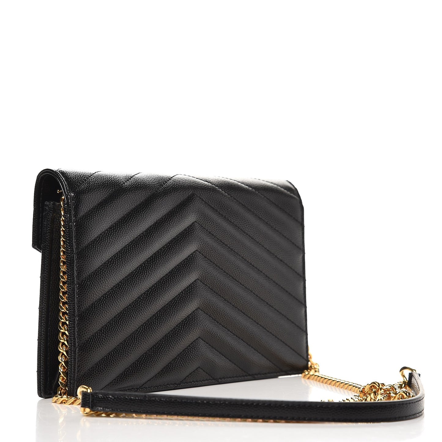 Grain De Poudre Matelasse Chevron Monogram Envelope Chain Wallet Black