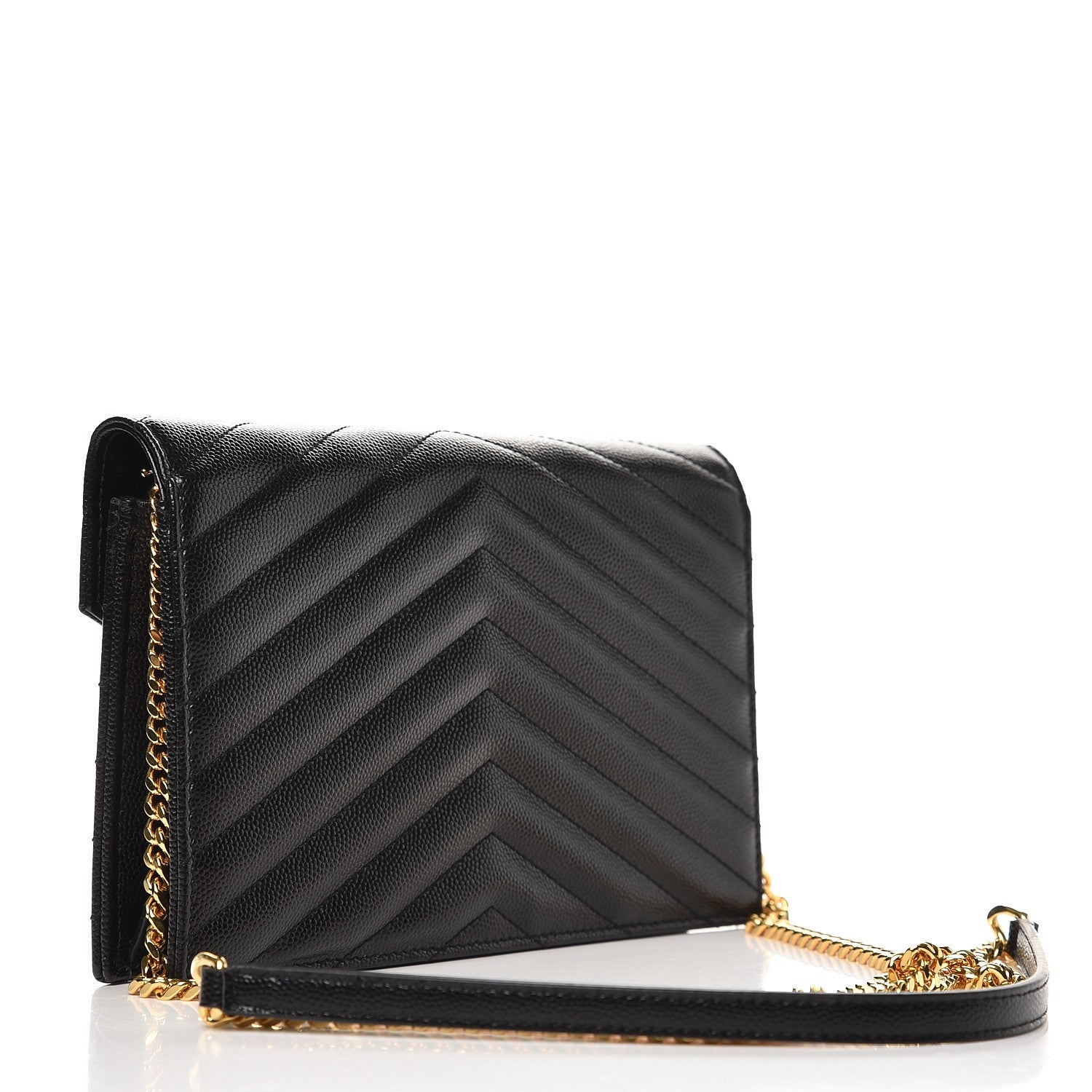 Saint Laurent Grain De Poudre Matelasse Chevron Monogram Envelope Chain Wallet Black 3 of 8