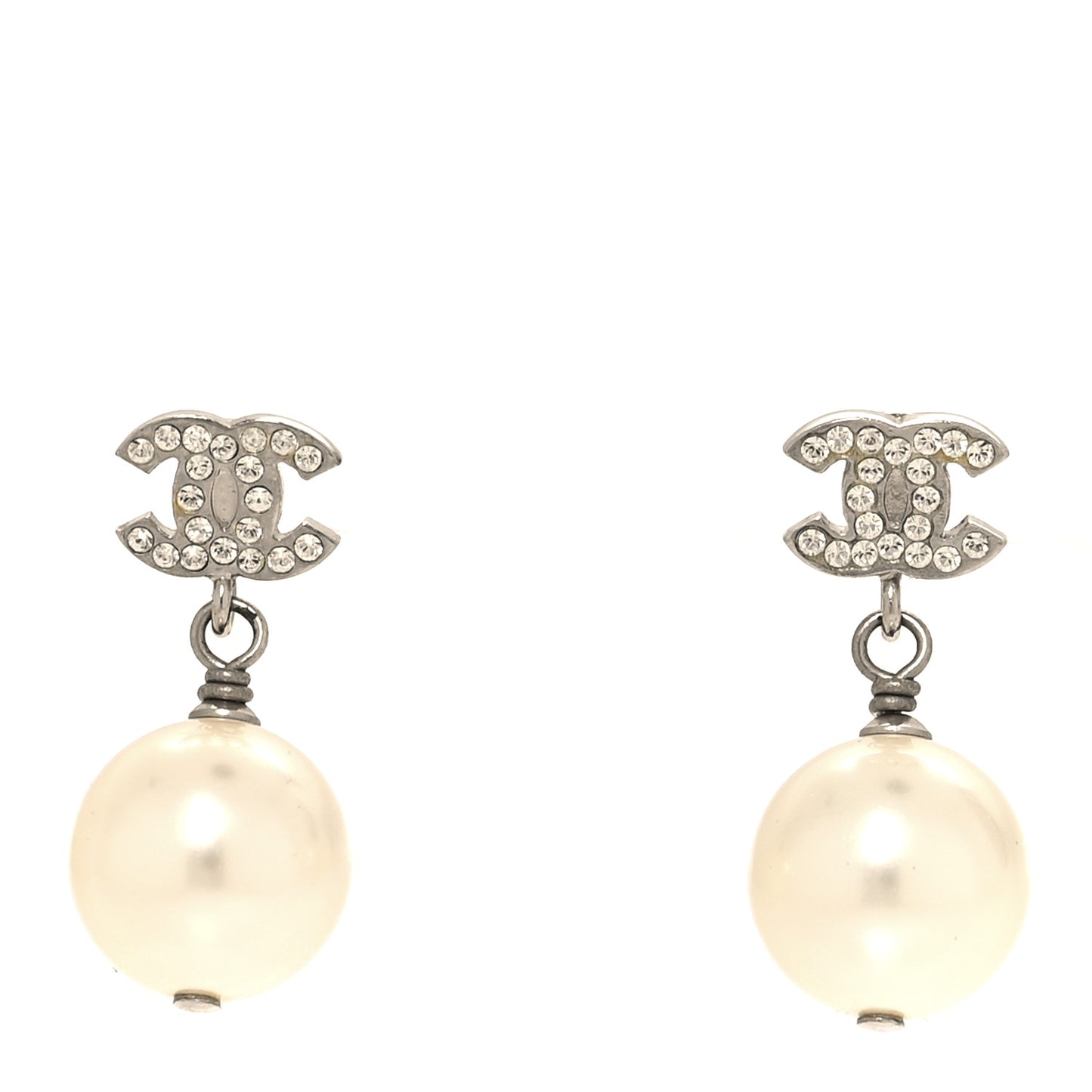 Crystal Pearl CC Drop Earrings Silver Pearly White