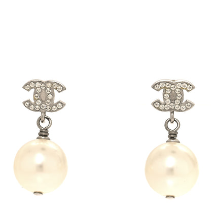 Chanel Crystal Pearl CC Drop Earrings Silver Pearly White 1 of 5