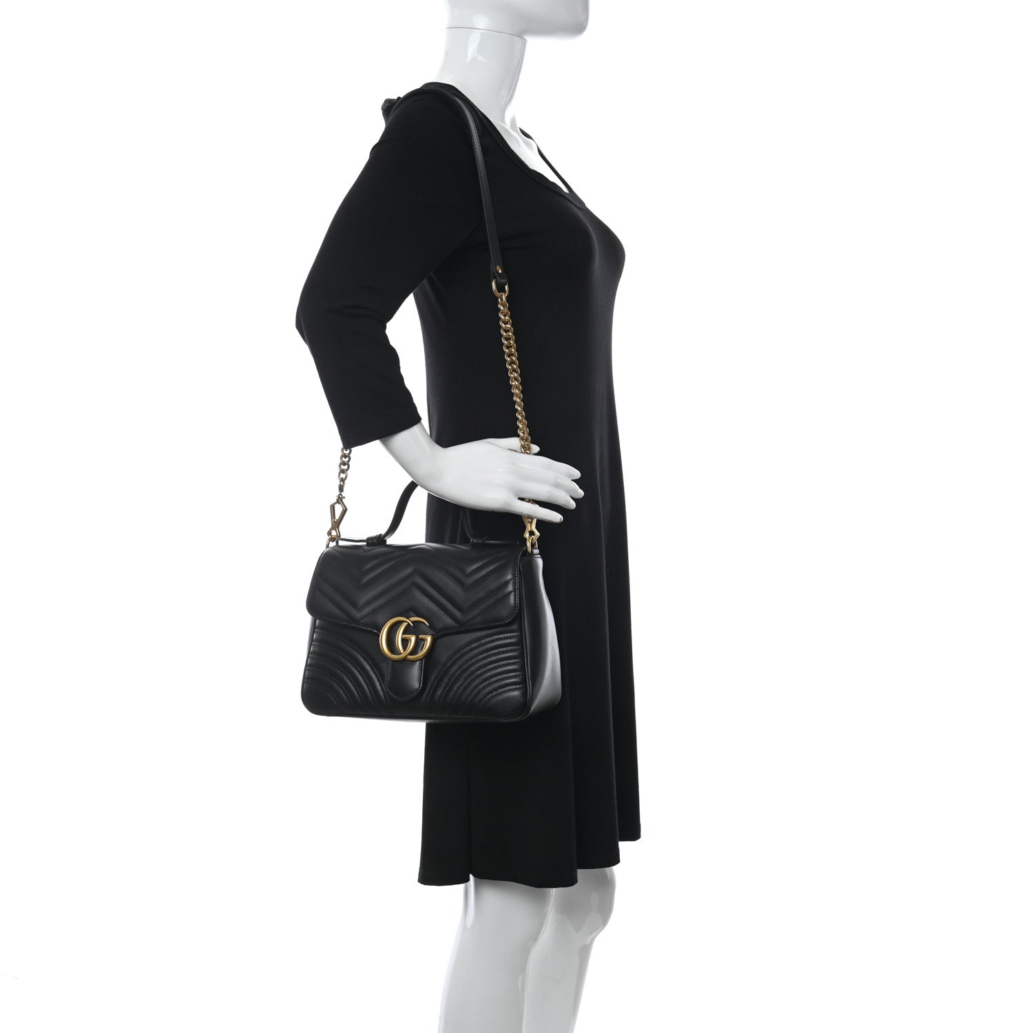 Gucci Calfskin Matelasse Small GG Marmont Top Handle Shoulder Bag Black 3 of 10