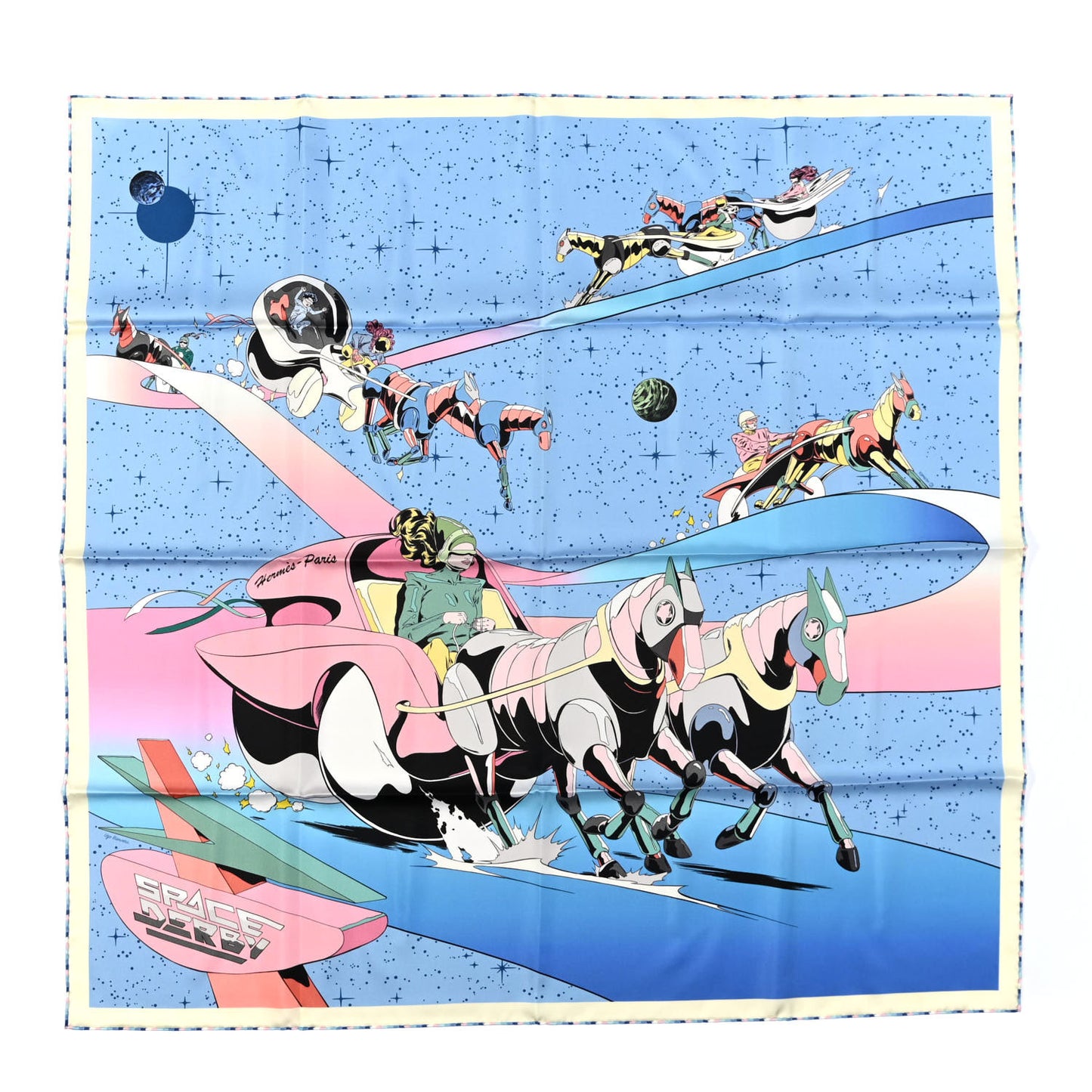 Silk Space Derby Scarf 90 Bleu Ciel Rose Vert Amande