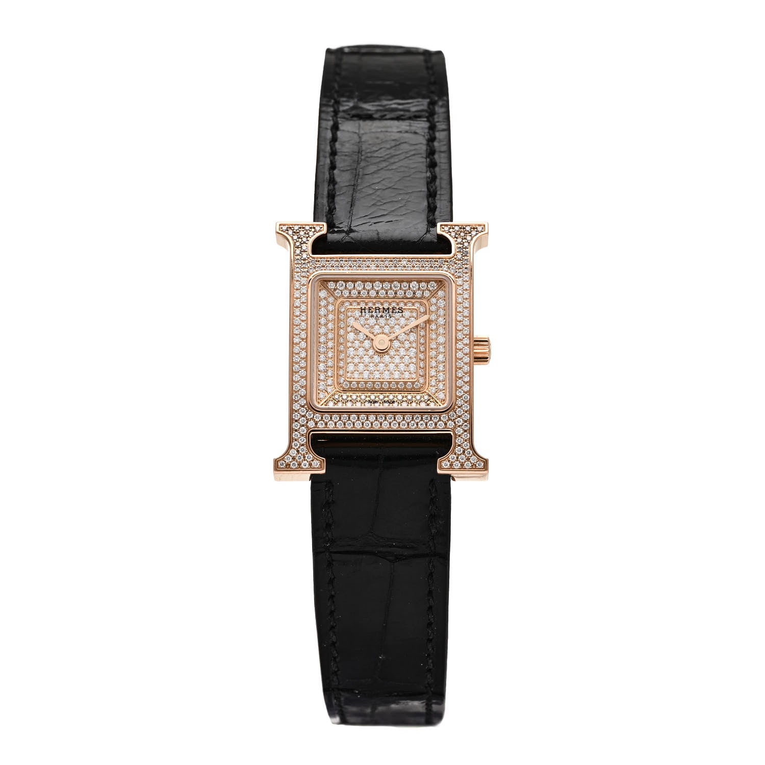 Hermes 18K Rose Gold Alligator Diamond Pave 21mm Heure H Hour Quartz Watch Noir 1 of 5