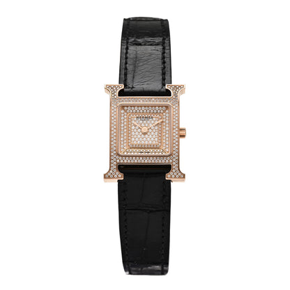 Hermes 18K Rose Gold Alligator Diamond Pave 21mm Heure H Hour Quartz Watch Noir 1 of 5