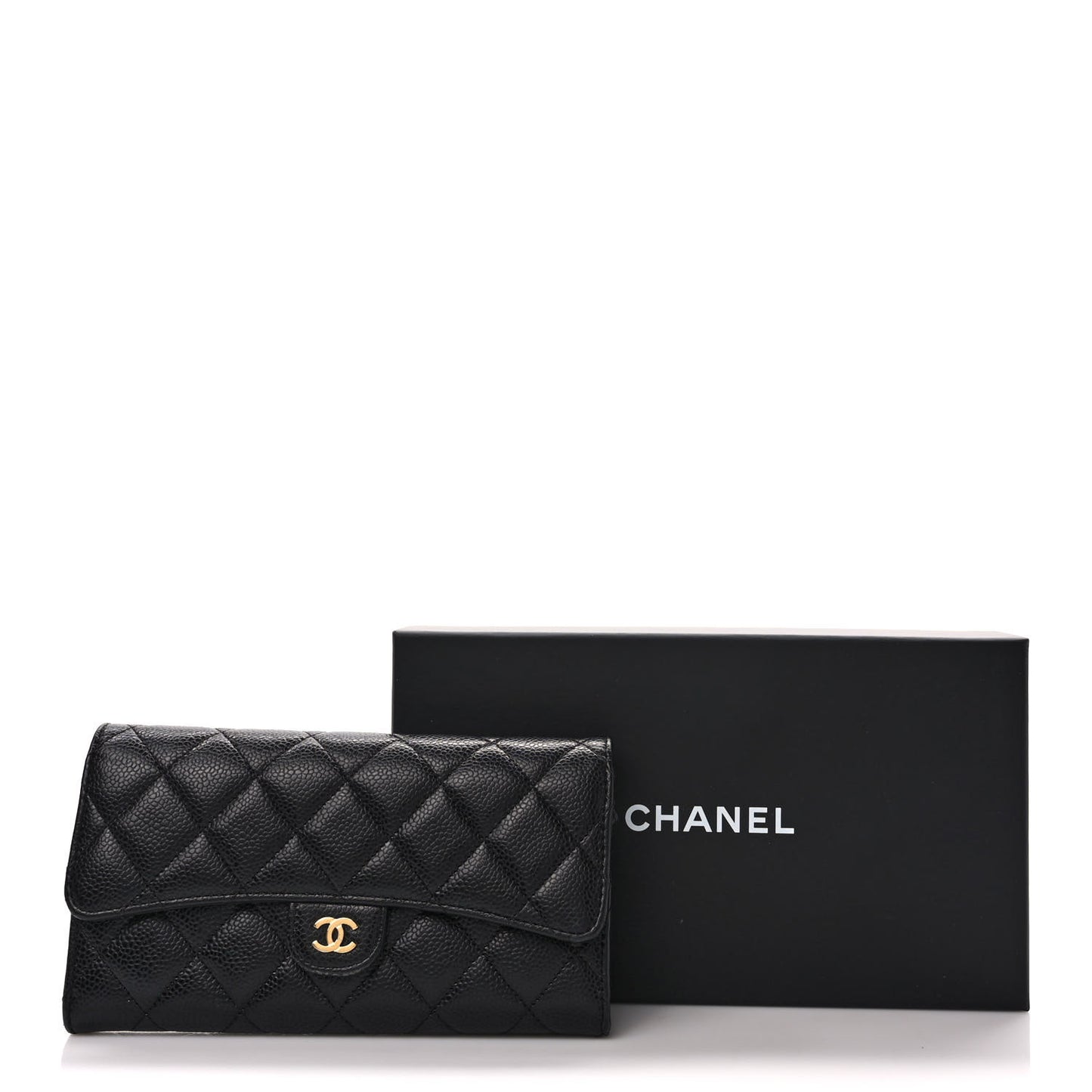 Caviar Quilted Large Gusset Flap Wallet Black