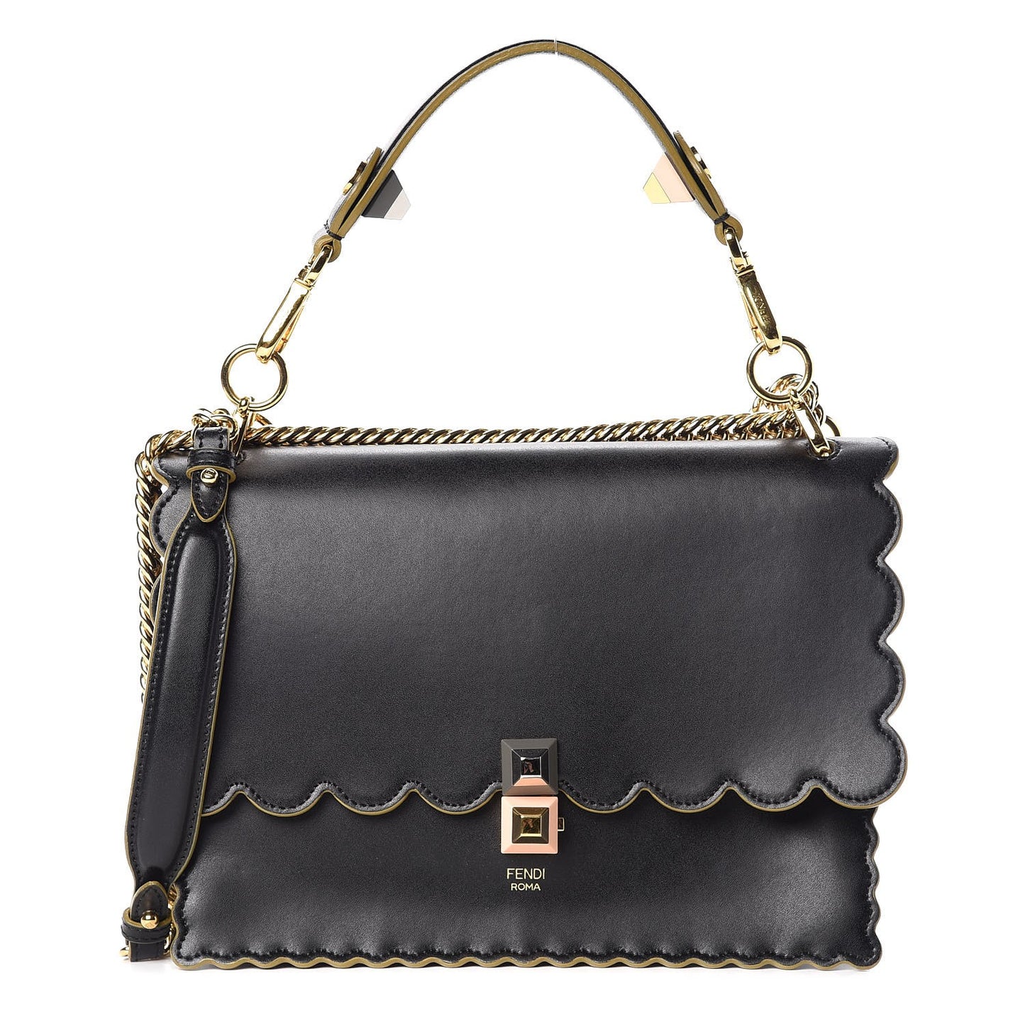 Vitello Liberty Scalloped Studded Kan I Shoulder Bag Black