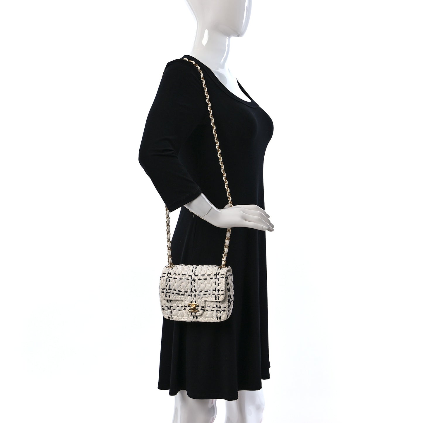 Raffia Effect Tweedy Mini Flap Bag White Black