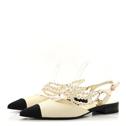 Chanel Lambskin Grosgrain Cap Toe Pearl Slingback 37 Ivory Black 4 of 10