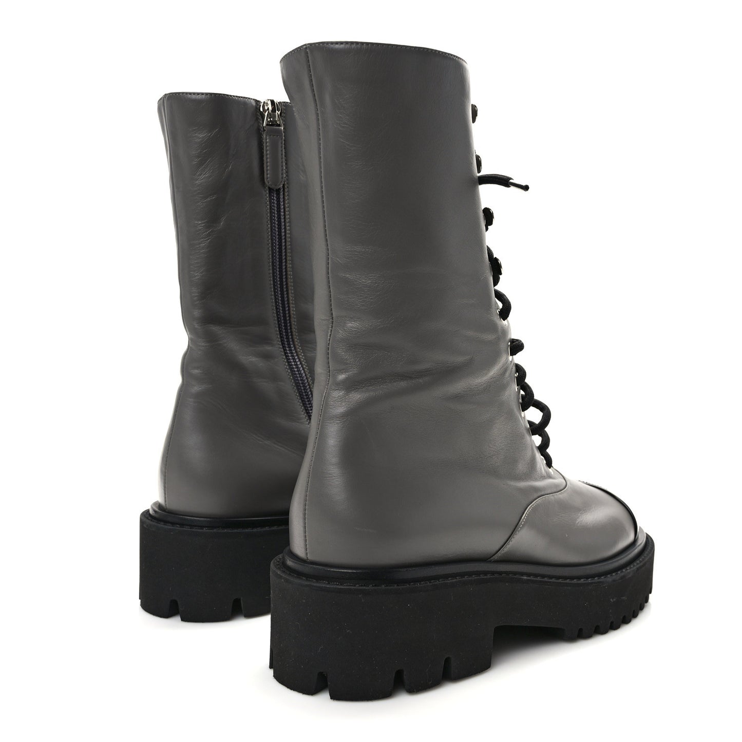 Crumpled Calfskin Patent Cap Toe Lace Up Combat Boots 40.5 Gray