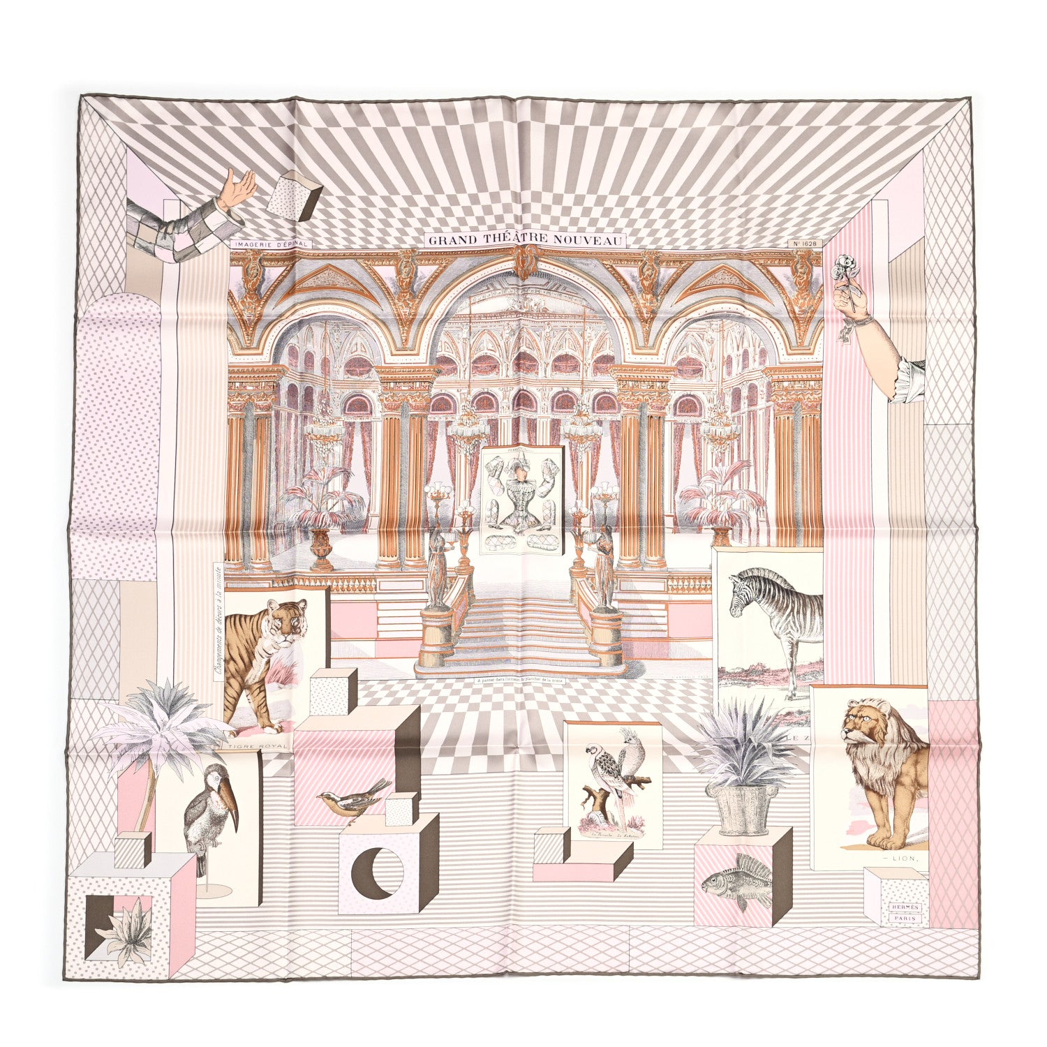 Hermes Silk Grand Theatre Nouveau Scarf 90 Rose Pale Etoupe 1 of 5