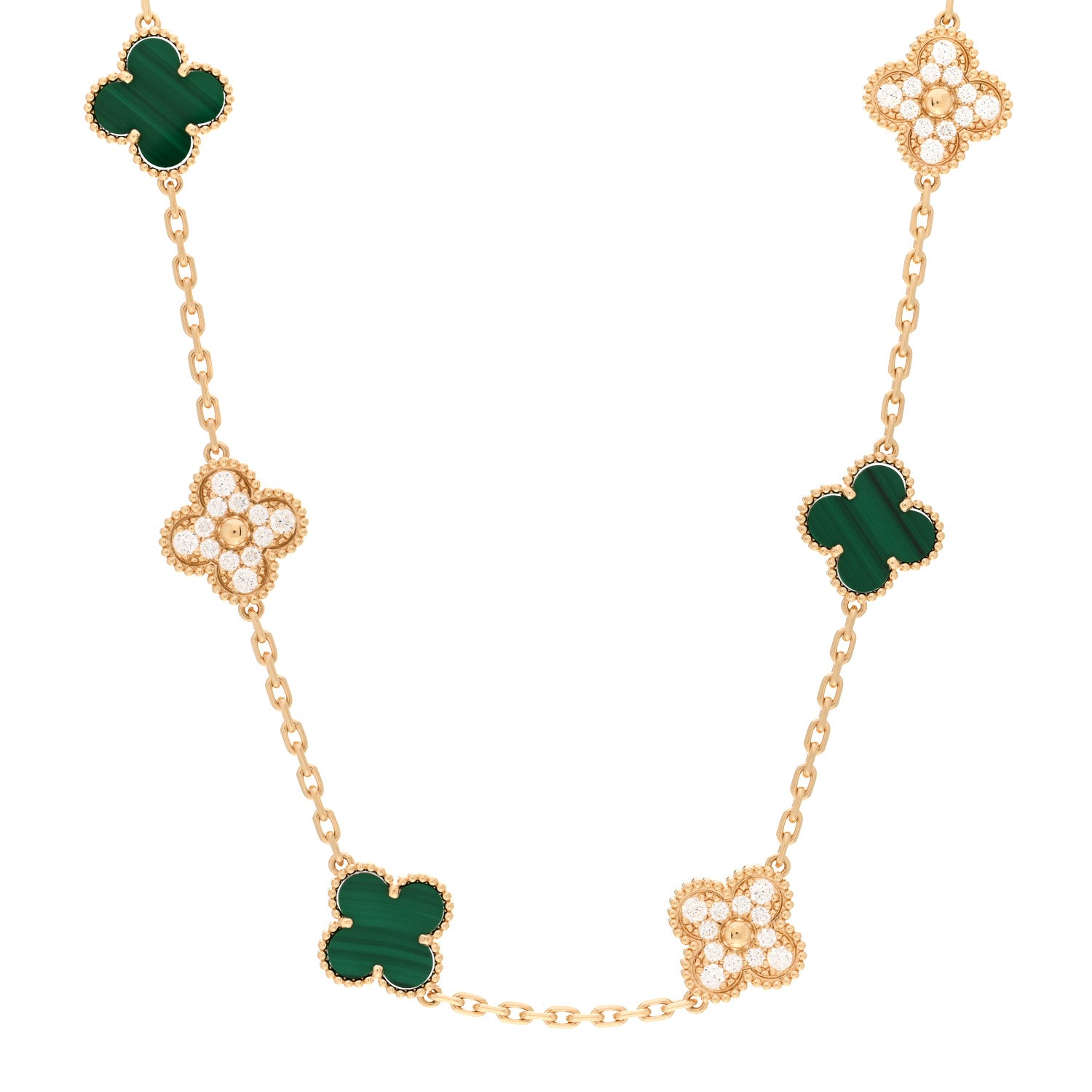 Van Cleef & Arpels 18K Yellow Gold Diamond Malachite 10 Motifs Vintage Alhambra Necklace 1 of 5