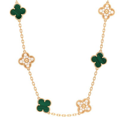 Van Cleef & Arpels 18K Yellow Gold Diamond Malachite 10 Motifs Vintage Alhambra Necklace 1 of 5