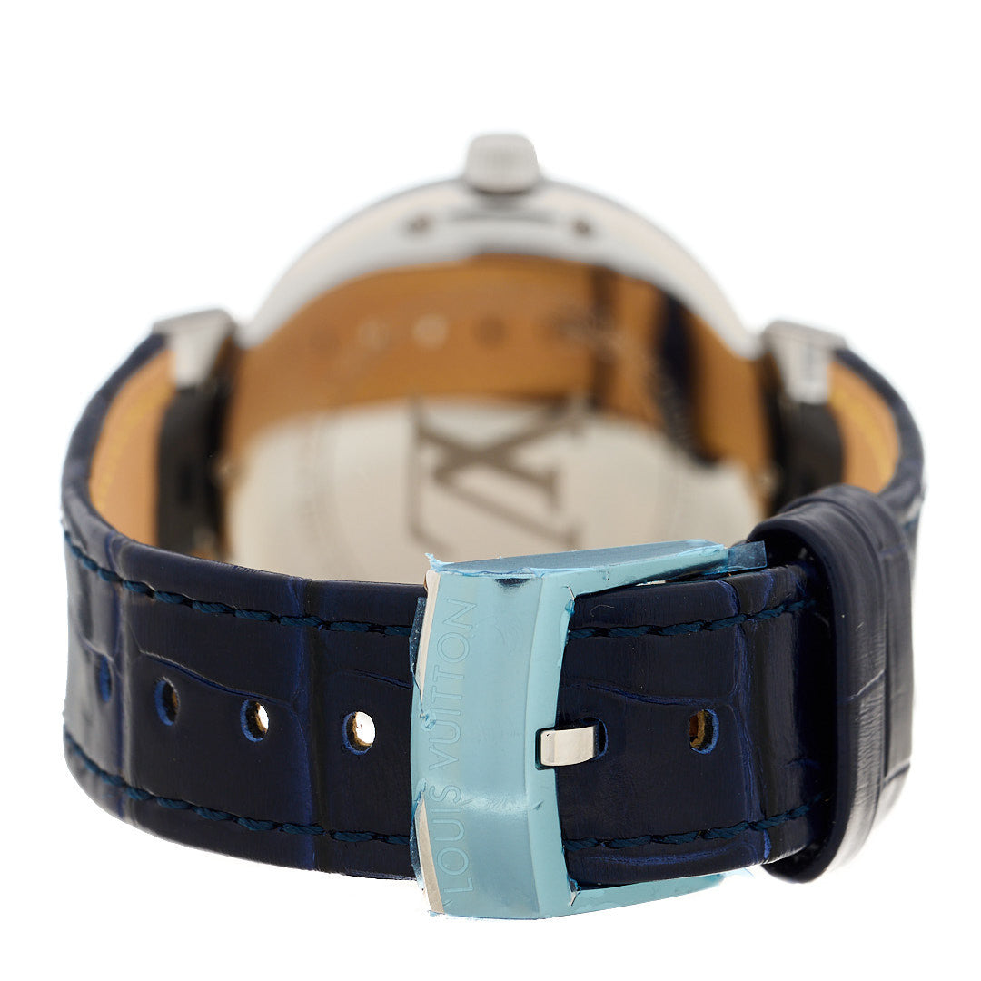 Louis Vuitton LOUIS VUITTON Stainless Steel Alligator Diamond 35mm Tambour Moon Dual Time Quartz Watch Blue 3 of 5